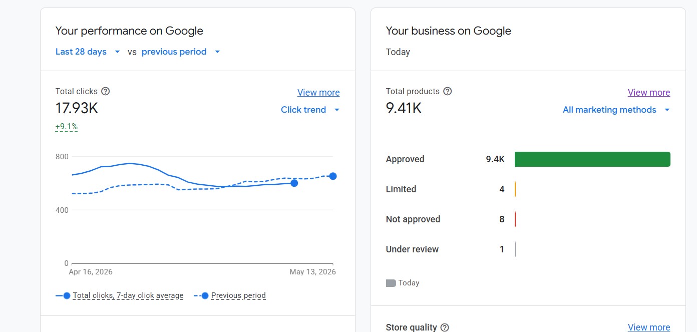 Google Merchant Center — 9,400+ products approved, 5 years sustained